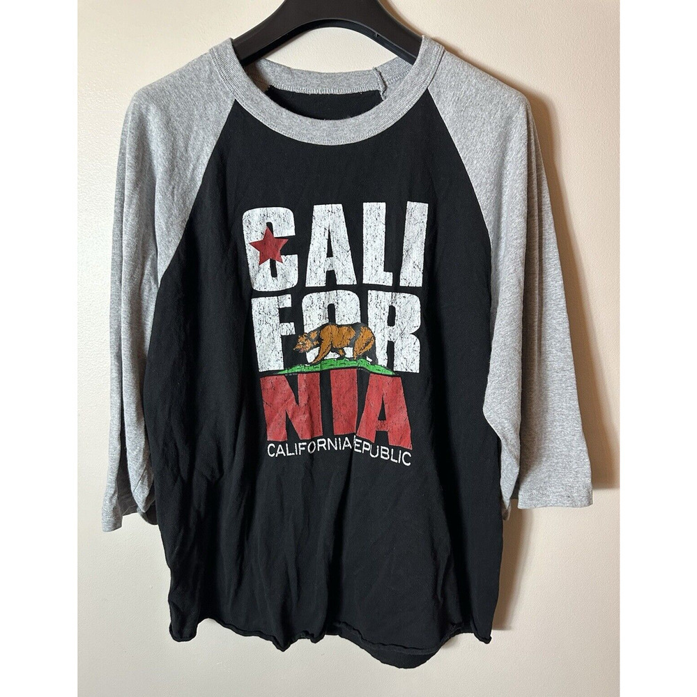 California Republic T-Shirt Mens XL Black Gray Raglan 3/4 Sleeve Graphic Print